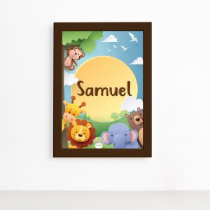 Quadro Infantil Safari Feliz Nome Personalizado Marrom 33x43