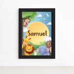 Quadro Infantil Safari Feliz Nome Personalizado Preto 22x32