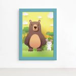 Quadro Infantil Safari Feliz Urso e Coelhinho Azul 22x32cm