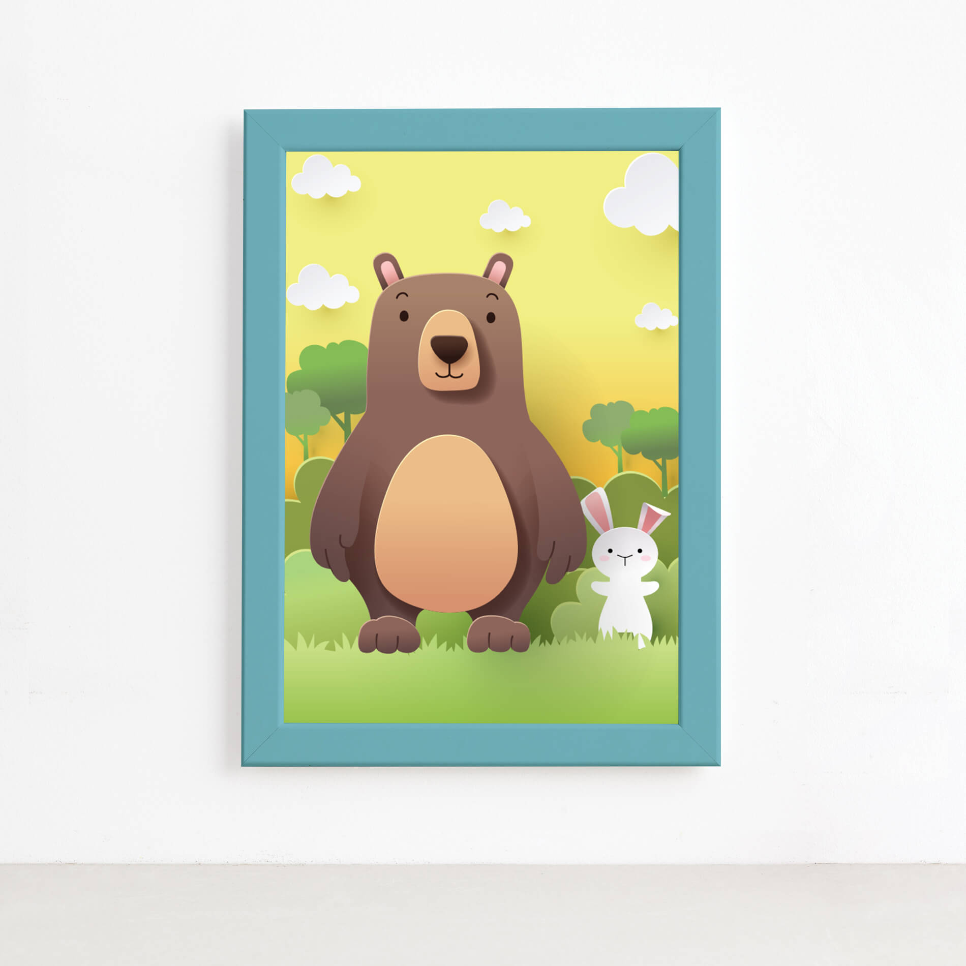 Imagem do quadro infantil Safari Feliz mostrando detalhes da moldura azul clara e dimensões do produto.