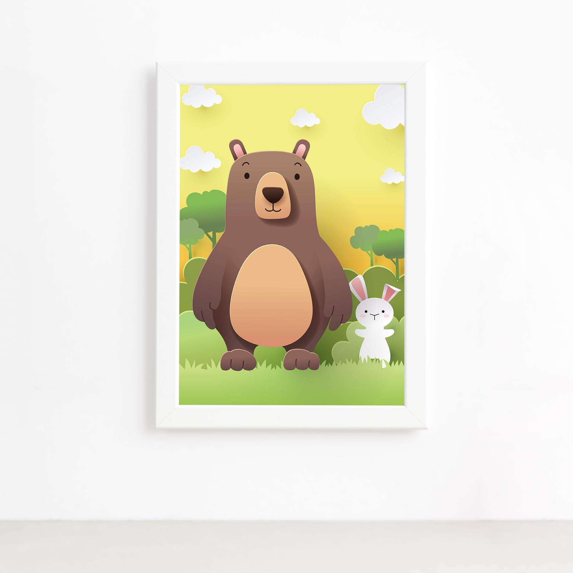 Quadro infantil Safari Feliz Urso e Coelhinho Branco 22x32cm mostrando detalhes do produto e dimensões.