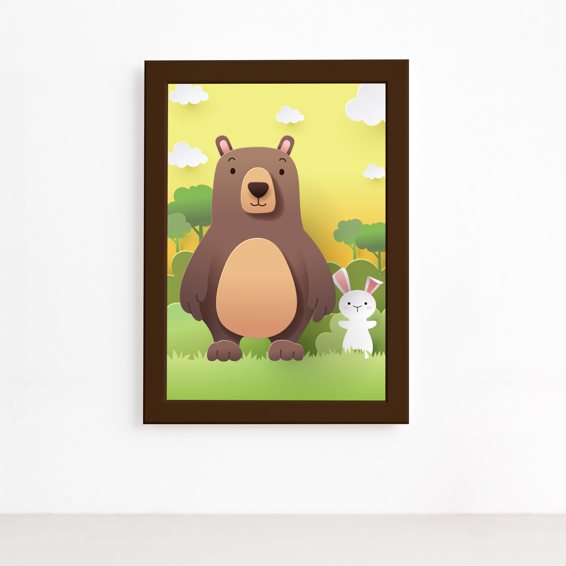 Imagem do quadro infantil Safari Feliz com moldura marrom, mostrando detalhes da fixação com fita dupla face.