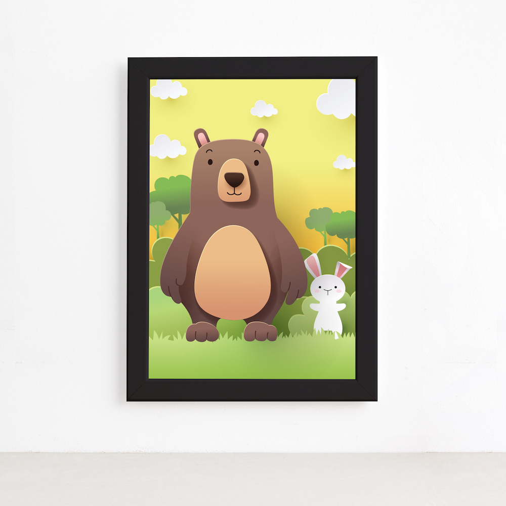 Quadro infantil Safari Feliz com moldura preta, ilustrando o produto e suas dimensões para aplicação.