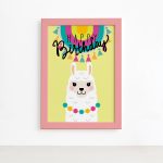 Quadro Lhama Happy Birthday Amarelo 22x32cm Mold. Rosa