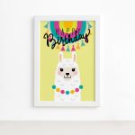 Quadro Lhama Happy Birthday Amarelo 33x43cm Mold. Branca