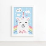 Quadro Nome Personalizado Lhama Unicórnio Branca 33x43cm