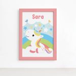 Quadro Nome Personalizado Unicórnio Menina Moldura Rosa 22x32cm