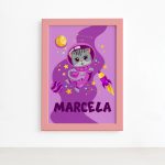 Quadro Personalizado Gata Astronauta Moldura Rosa 22x32cm