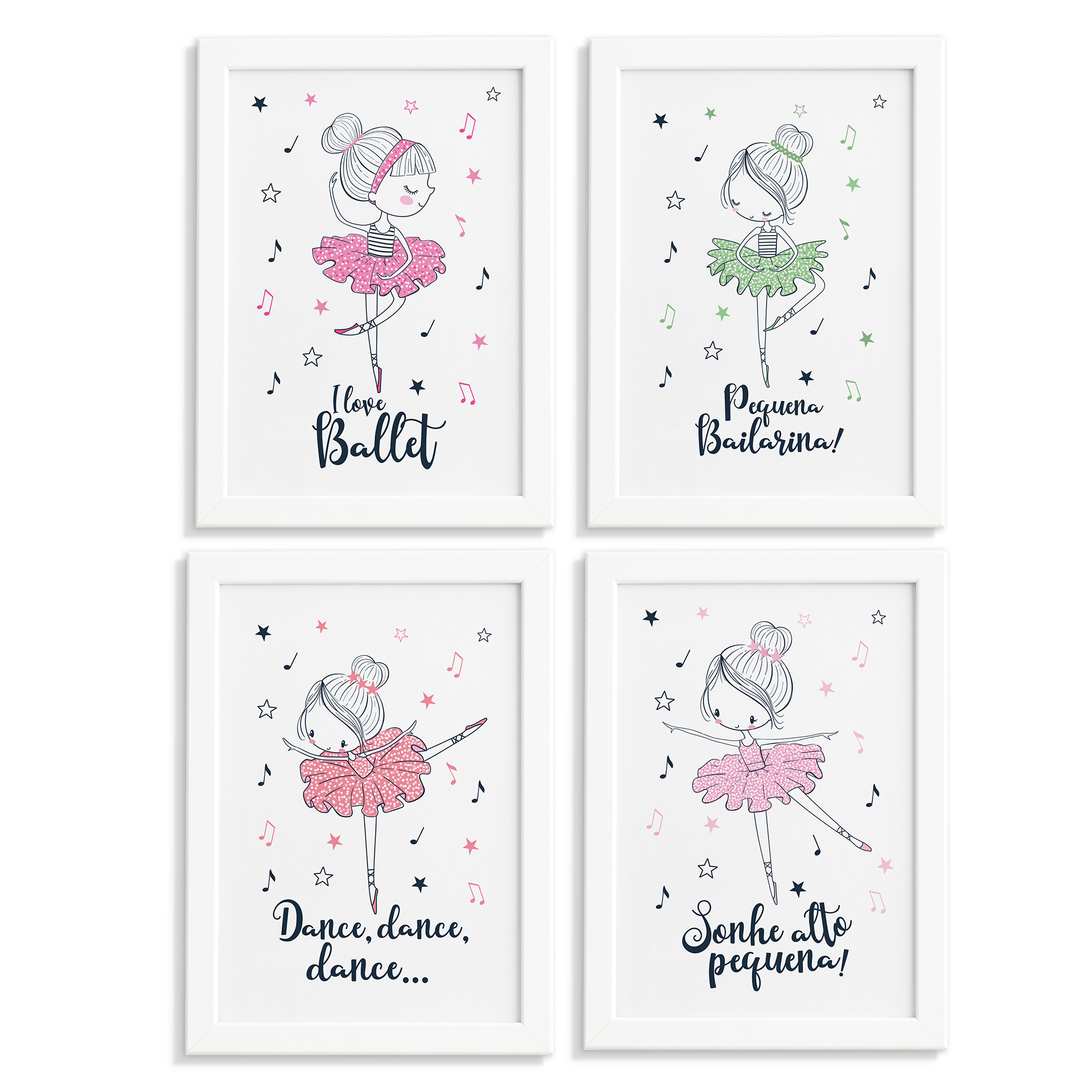 Kit de quatro quadros decorativos de bailarinas com moldura branca, mostrando dimensões e detalhes do produto.