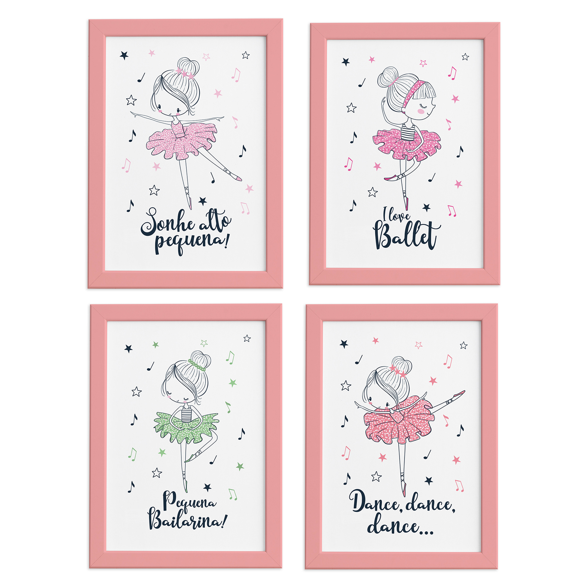 Quadros decorativos com moldura rosa em MDF, mostrando dimensões de 33x43 cm, ilustrados com bailarinas e frases motivacionais.