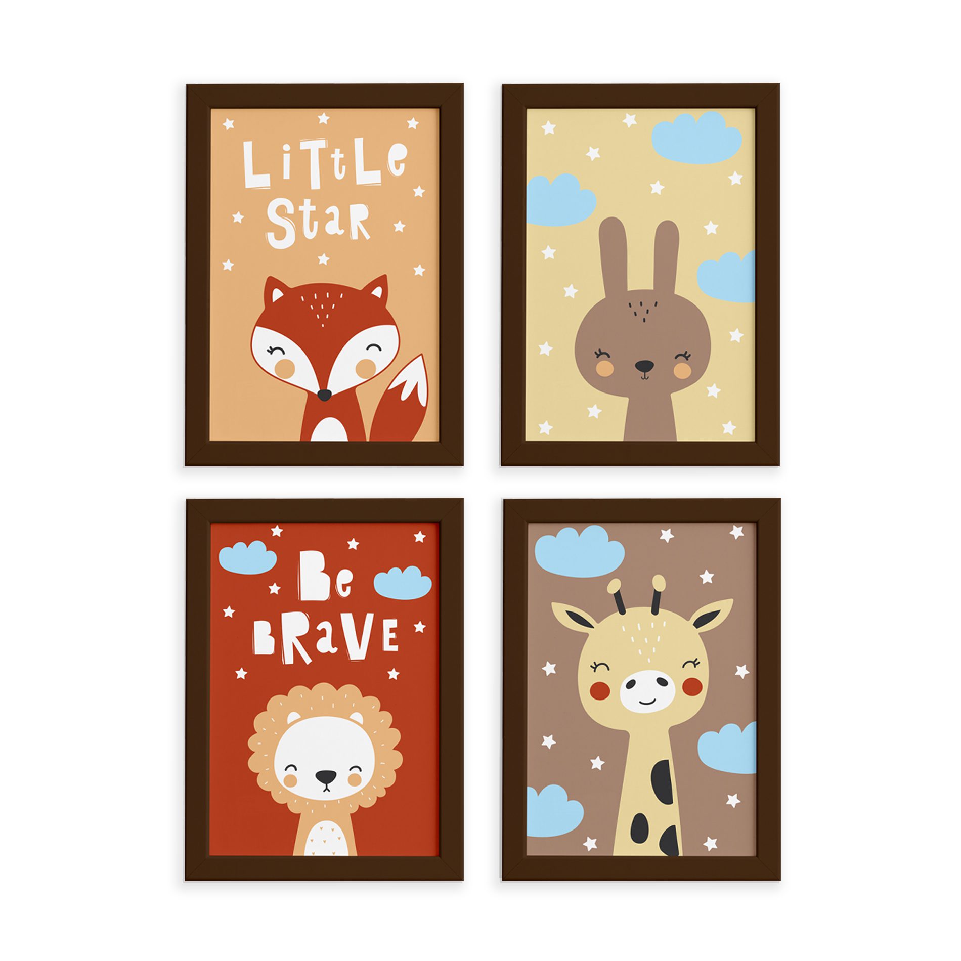 Imagem dos quadros decorativos animais escandinavos com moldura marrom, formato retangular 22x32cm