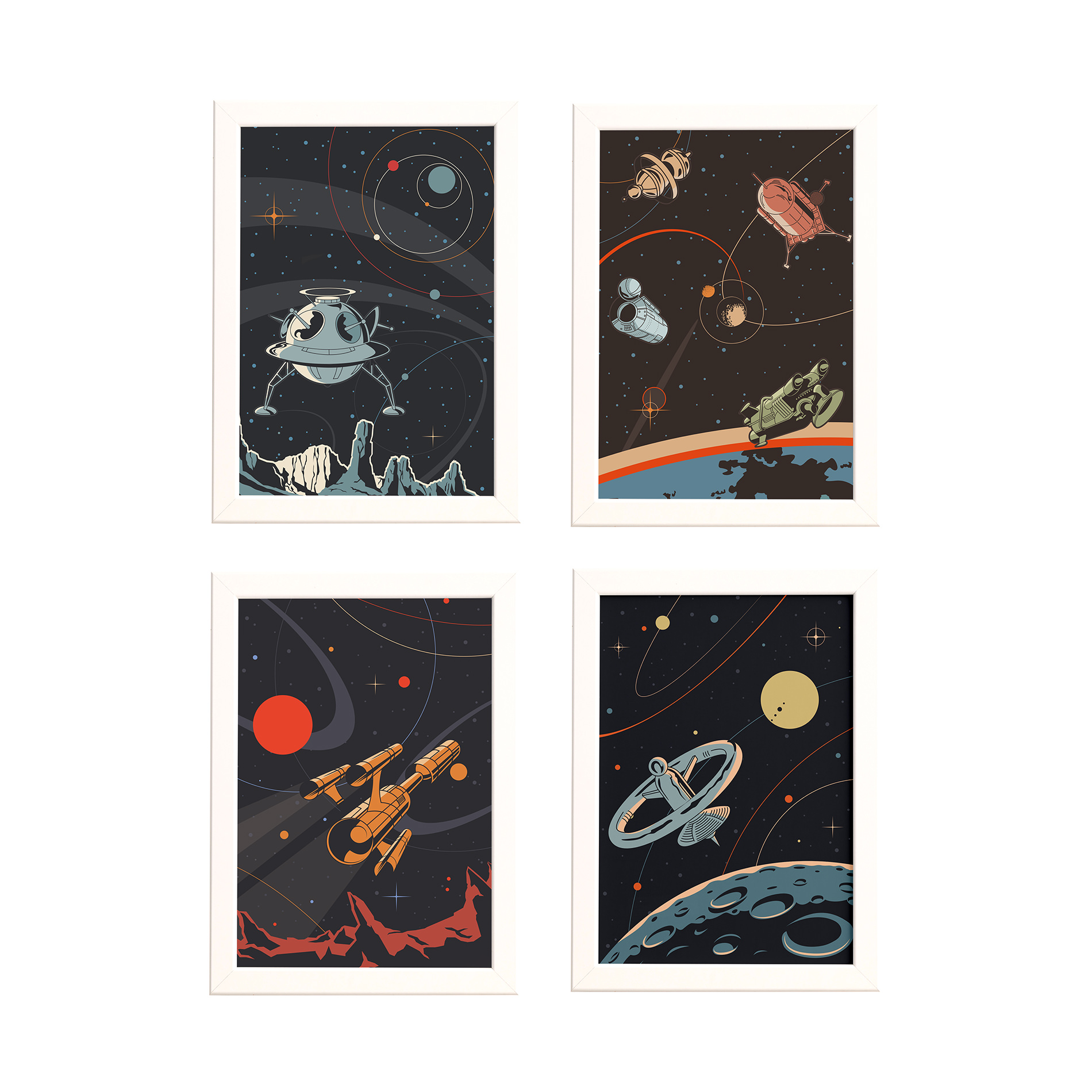 Quadros decorativos Espaço Retrô com moldura branca, mostrando detalhes da moldura e ilustrações