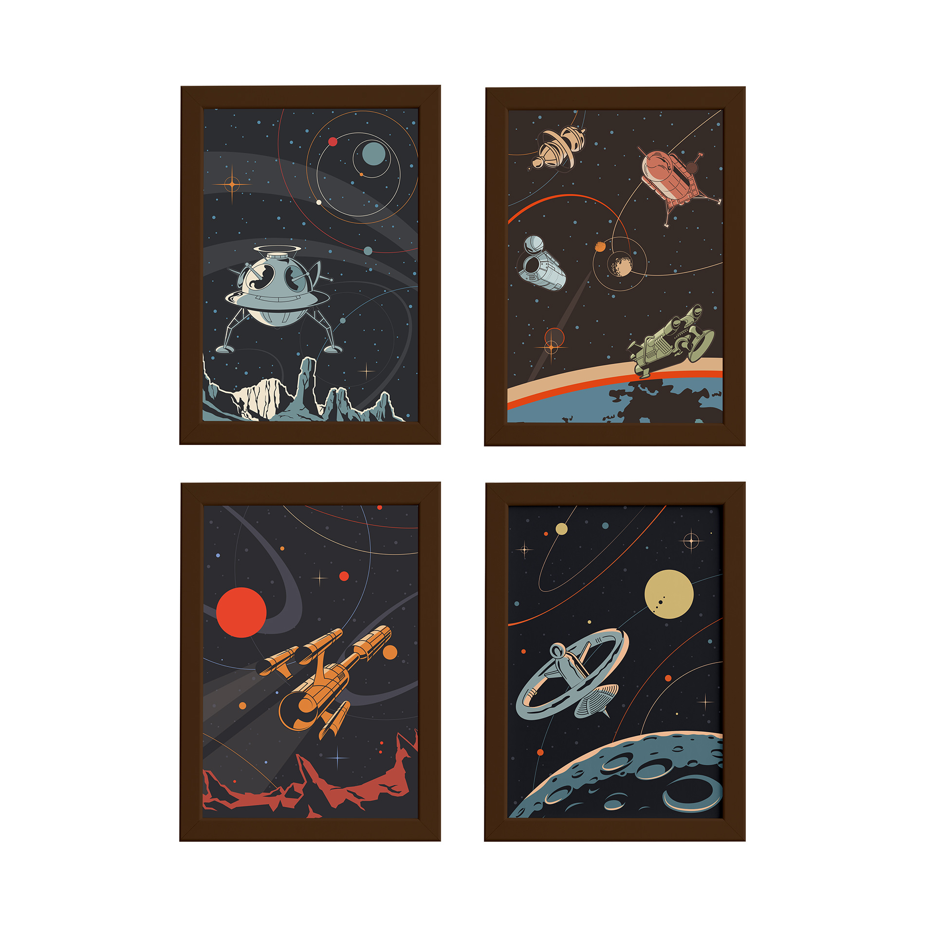 Imagem do conjunto de quadros decorativos Espaço Retrô com moldura marrom, mostrando detalhes do tamanho e acabamento.