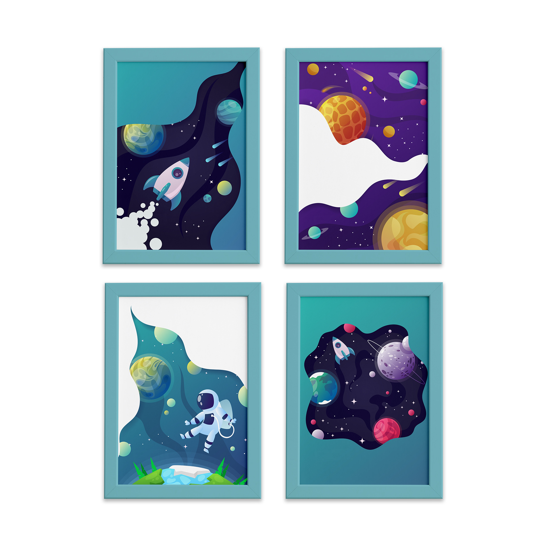 Kit de quadros decorativos com moldura azul clara, formato retangular, ilustrando tema espaço sideral, com dimensões 22x32 cm.
