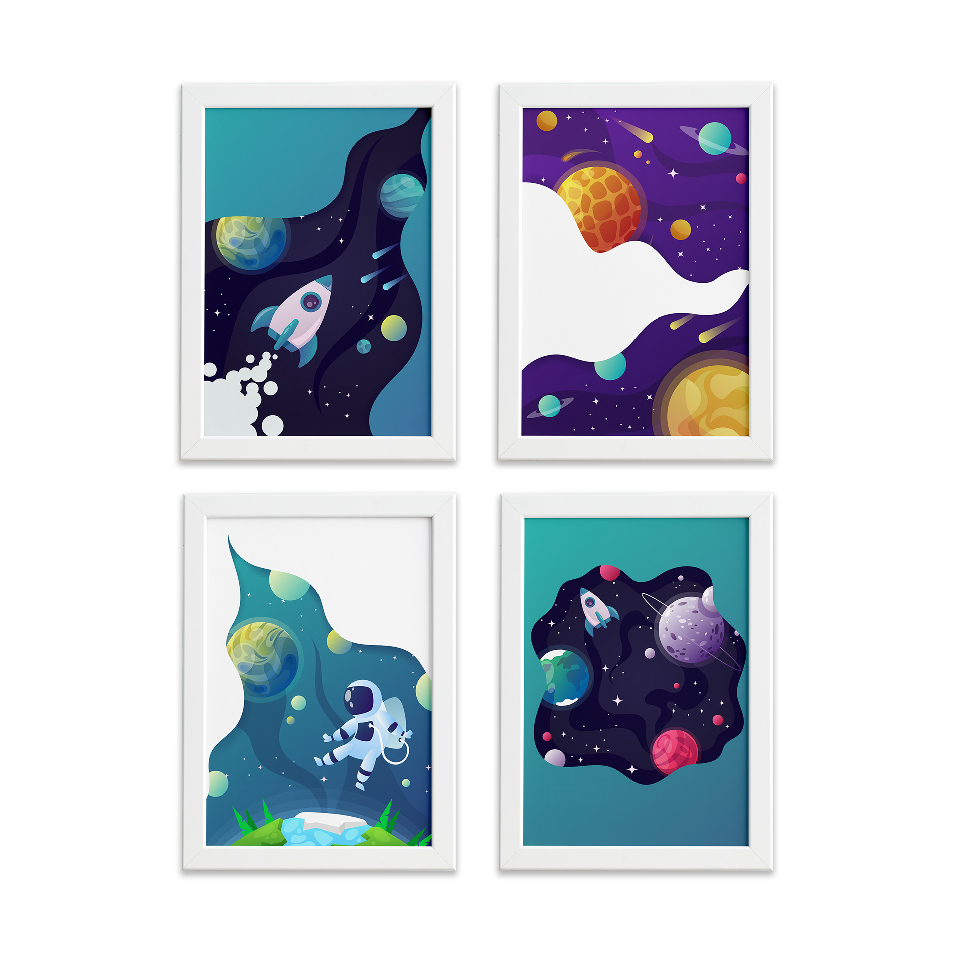Kit de quadros decorativos espaço sideral com moldura branca em MDF, cada quadro medindo 22x32 cm.