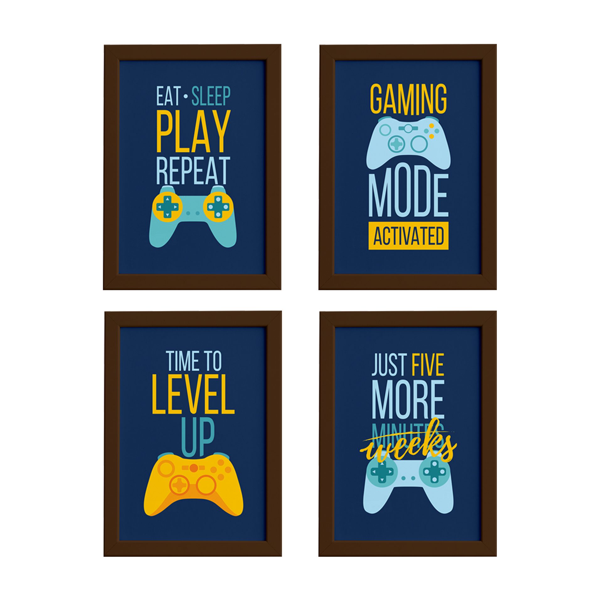Conjunto de quadros decorativos gamer geek com moldura marrom, mostrando detalhes do tamanho e sistema de fixação com fita dupla face.