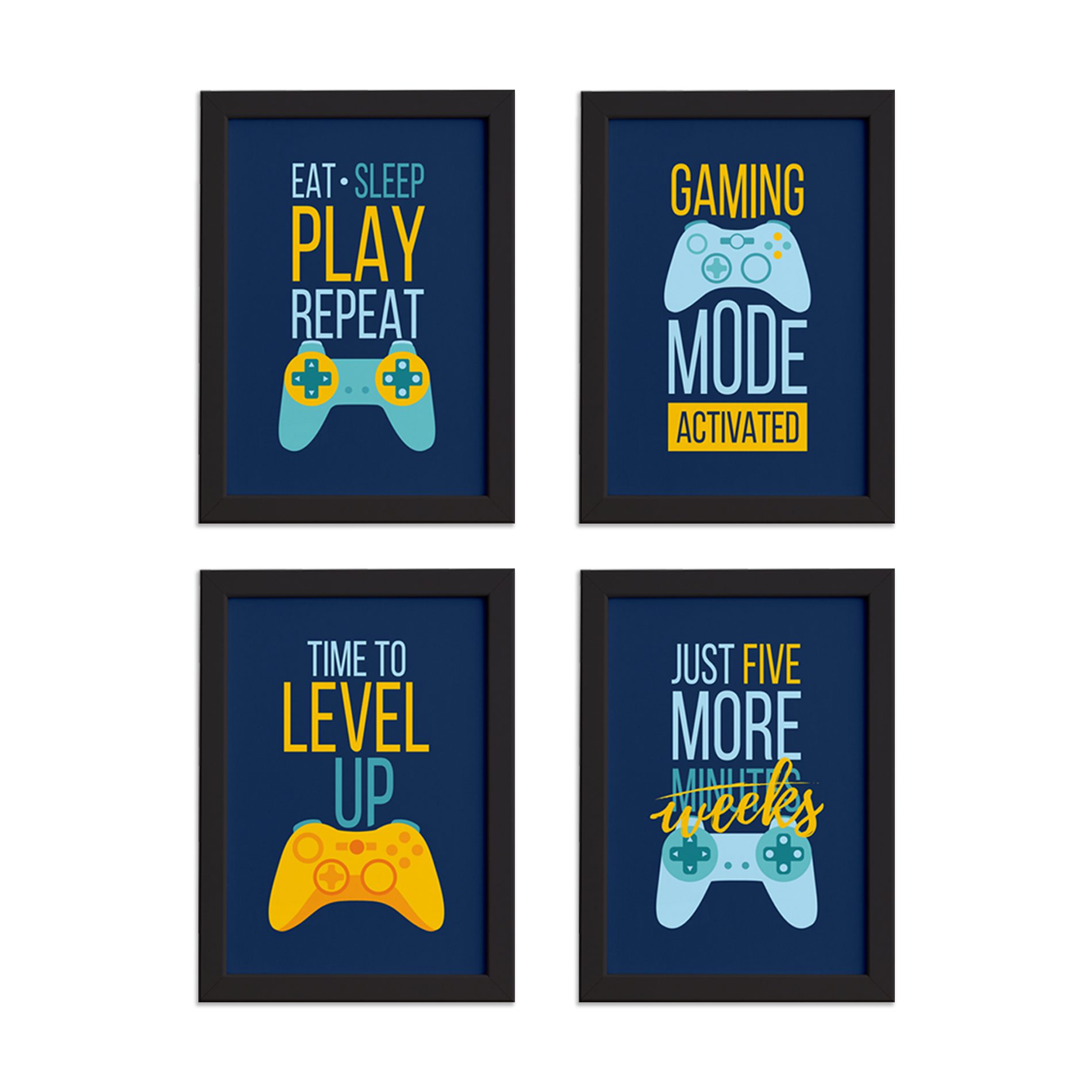 Imagem mostrando os quadros decorativos gamer com moldura preta, destacando o tamanho e estilo para aplicação na parede.