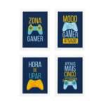 Quadros Decorativos Gamer Português Kit 4un Branco 22x32cm