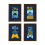 Quadros Decorativos Gamer Português Kit 4un Marrom 22x32cm