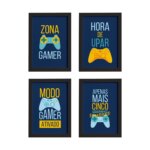 Quadros Decorativos Gamer Português Kit 4un Preto 22x32cm