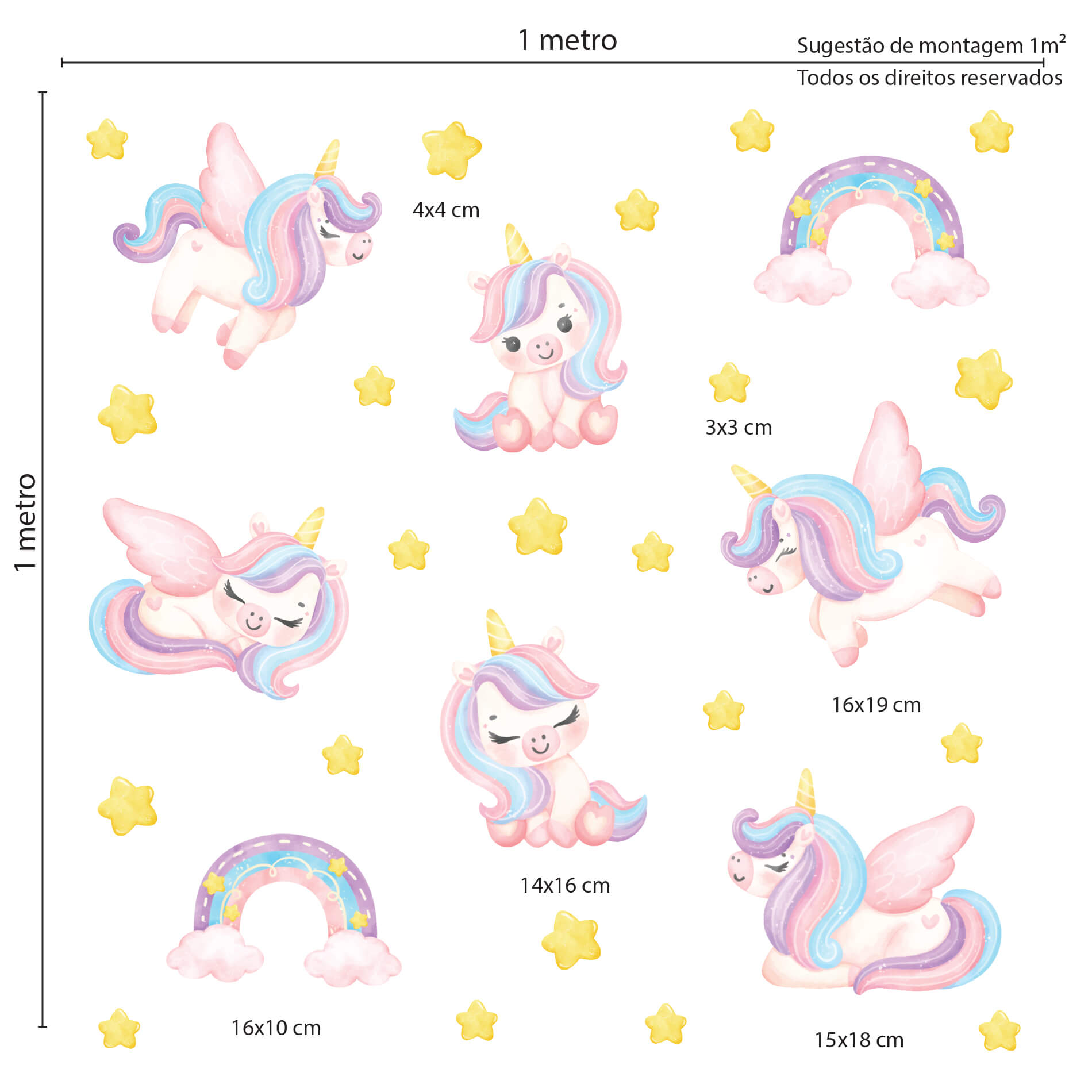 Imagem ilustrativa com adesivos de parede de unicórnios e estrelas amarelas, mostrando medidas dos elementos para aplicação precisa.