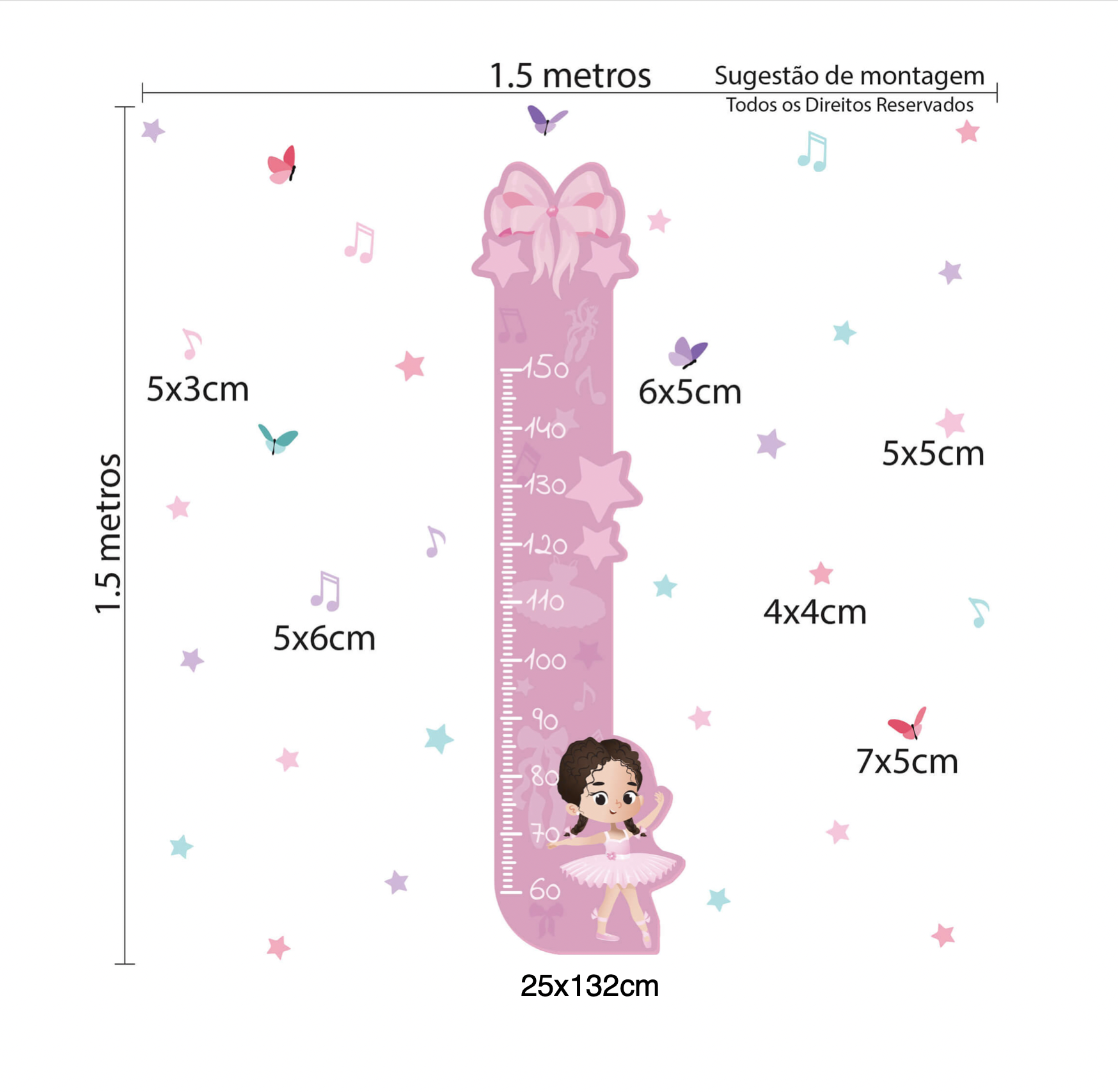 Imagem técnica do adesivo infantil medidor de altura bailarina mostrando dimensões e sugestões de montagem.