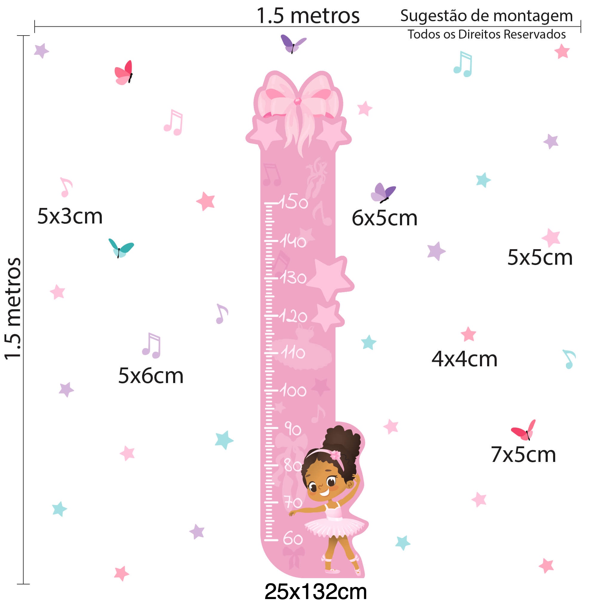 Imagem ilustrativa com dimensões e sugestão de montagem do adesivo medidor de altura infantil bailarina negra parda.