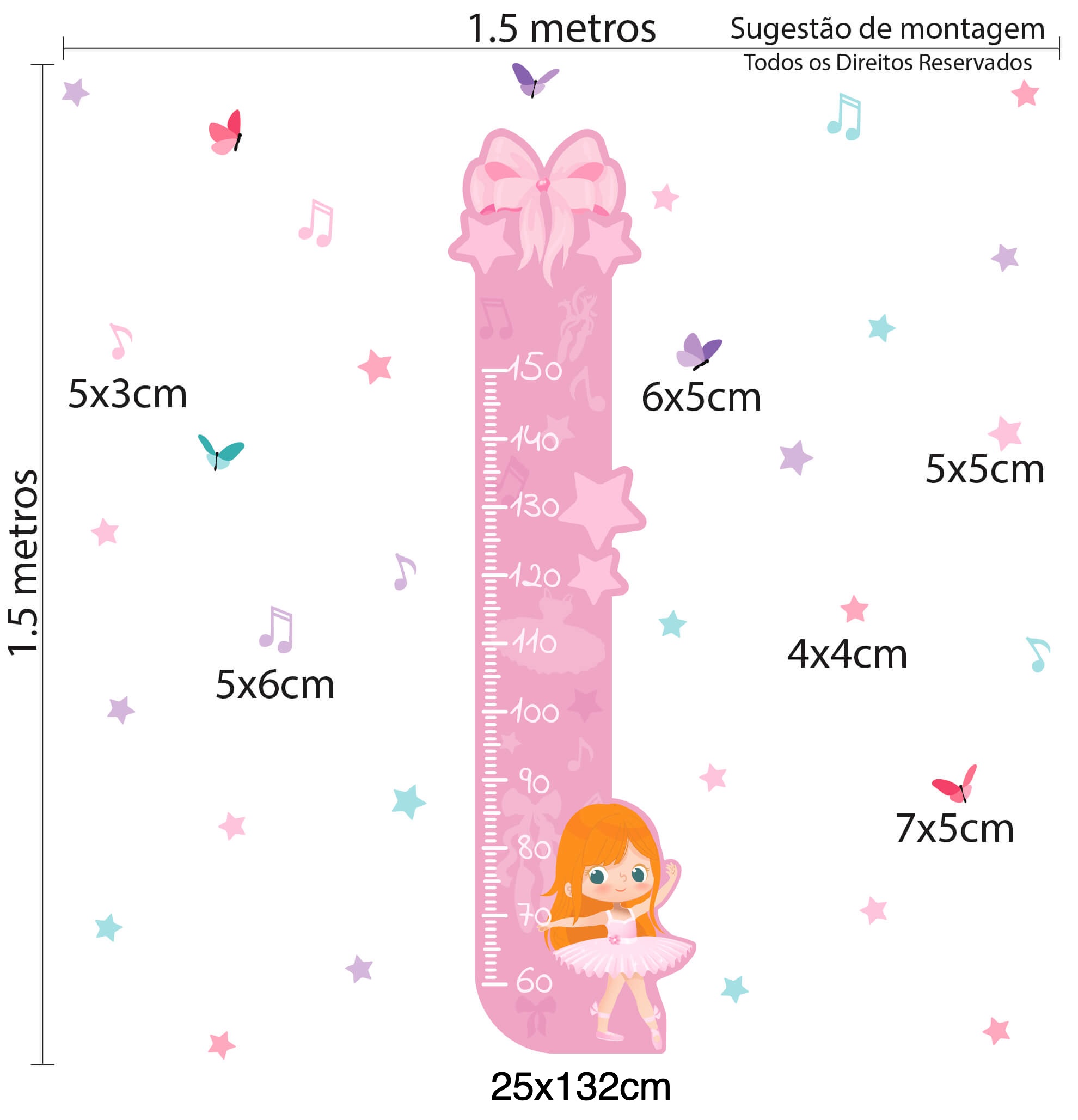 Adesivo de Parede Bailarina Menina Cabelo Ruivo Longo Régua - Imagem 2