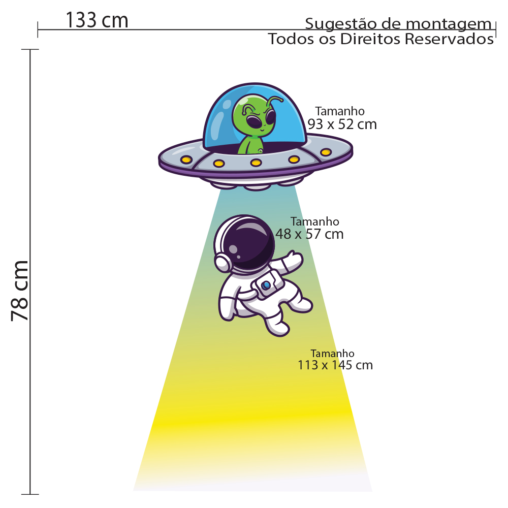 Imagem técnica com sugestão de montagem do adesivo de parede infantil com tema astronauta e nave espacial, mostrando dimensões dos elementos e instruções de aplicação