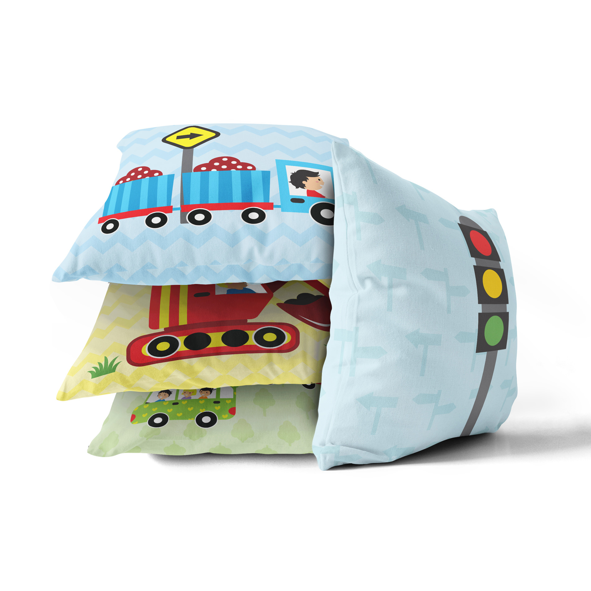 Kit de 4 almofadas decorativas com estampas de carrinhos e semáforo para quarto infantil