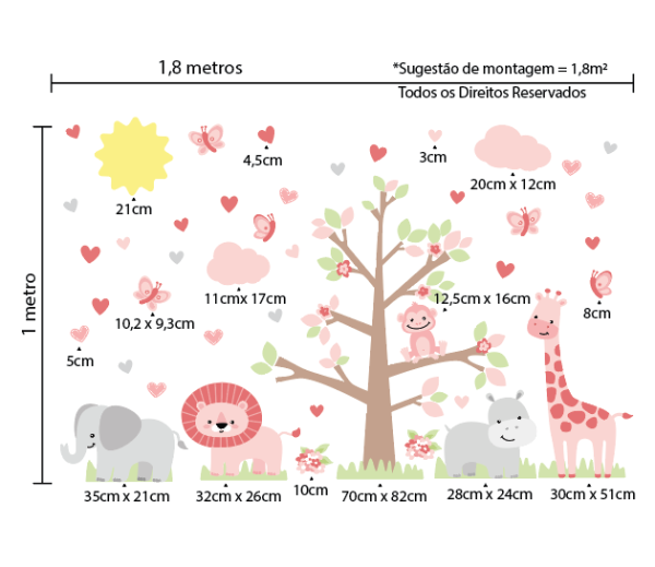 Adesivo de Parede Quarto de Meninas Safari Rosa Animais - Imagem 2
