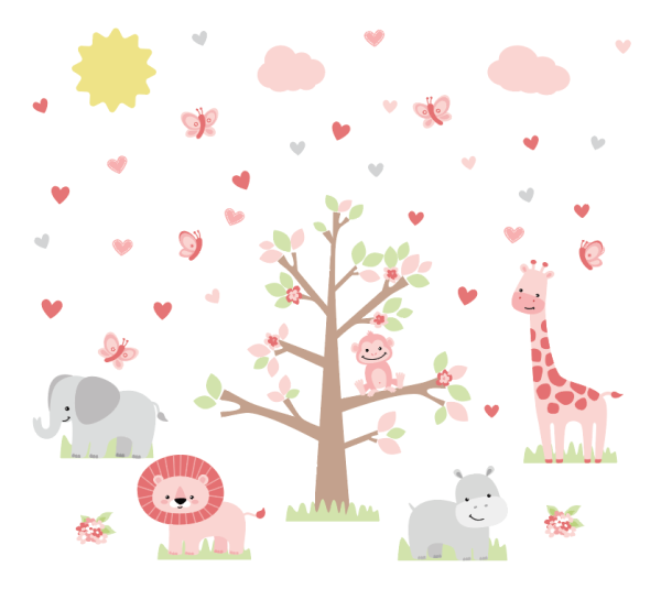 Adesivo de Parede Quarto de Meninas Safari Rosa Animais - Imagem 3
