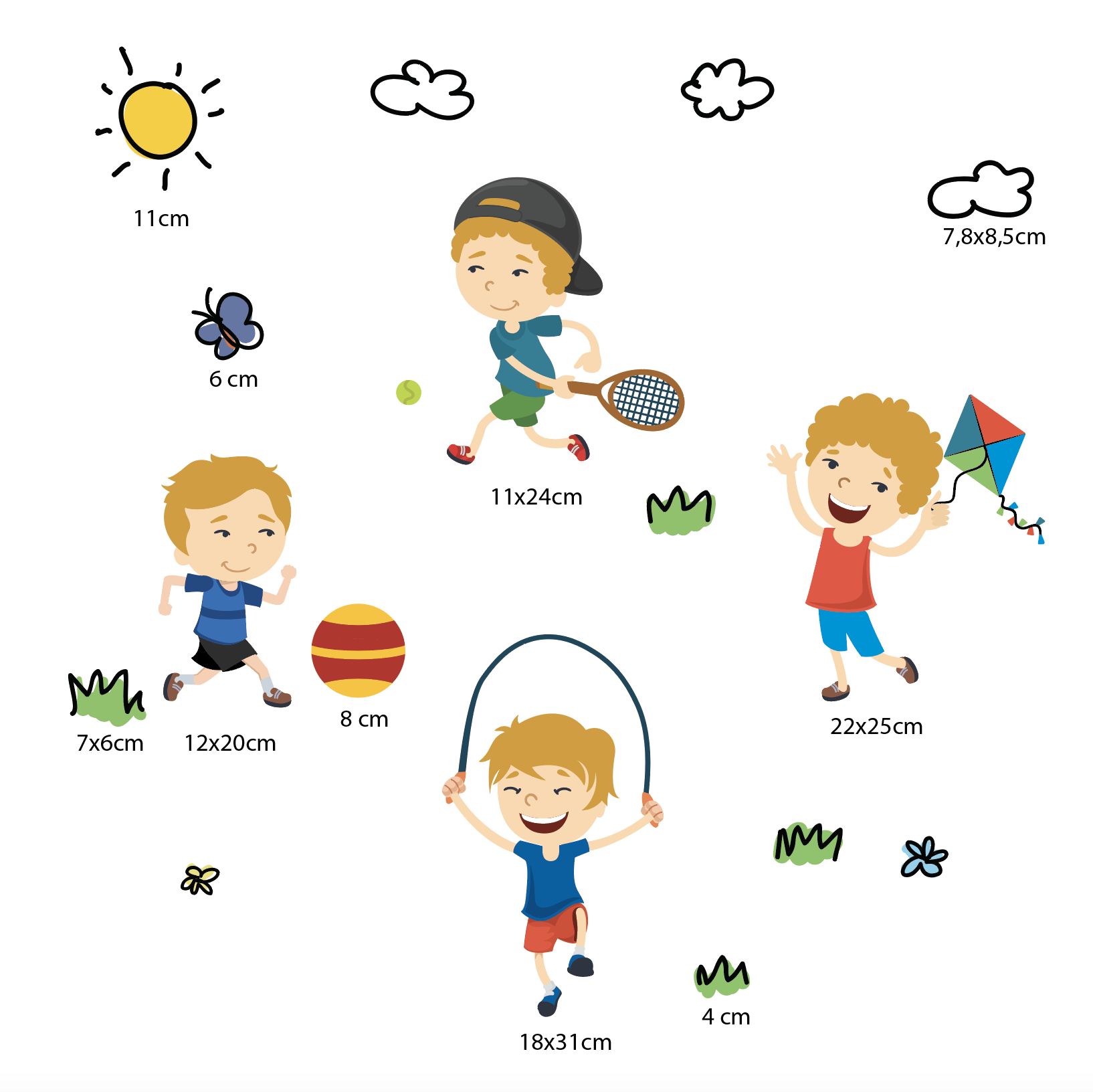 Imagem mostrando adesivo de parede infantil com meninos brincando e medidas para aplicação correta