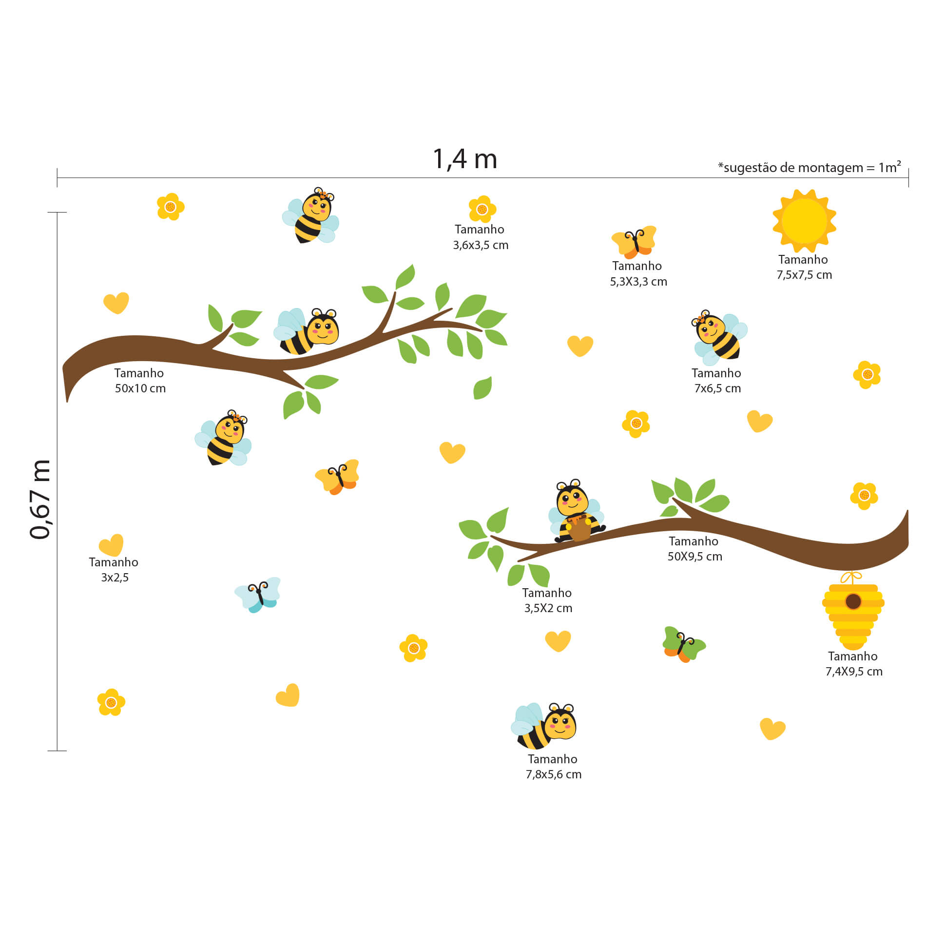 Imagem técnica do adesivo infantil mostrando dimensões e detalhes para aplicação.