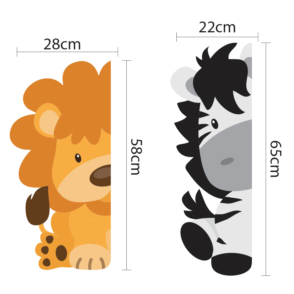 Imagem ilustrativa com medidas dos adesivos Safari mostrando leão e zebra com dimensões para aplicação.