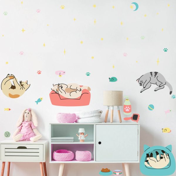 Adesivo de Parede Infantil Quarto Gatinhos Sono Gatos Pet