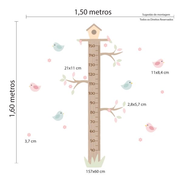 Adesivo de Parede Passarinhos Infantil Quarto Menina Régua - Imagem 2