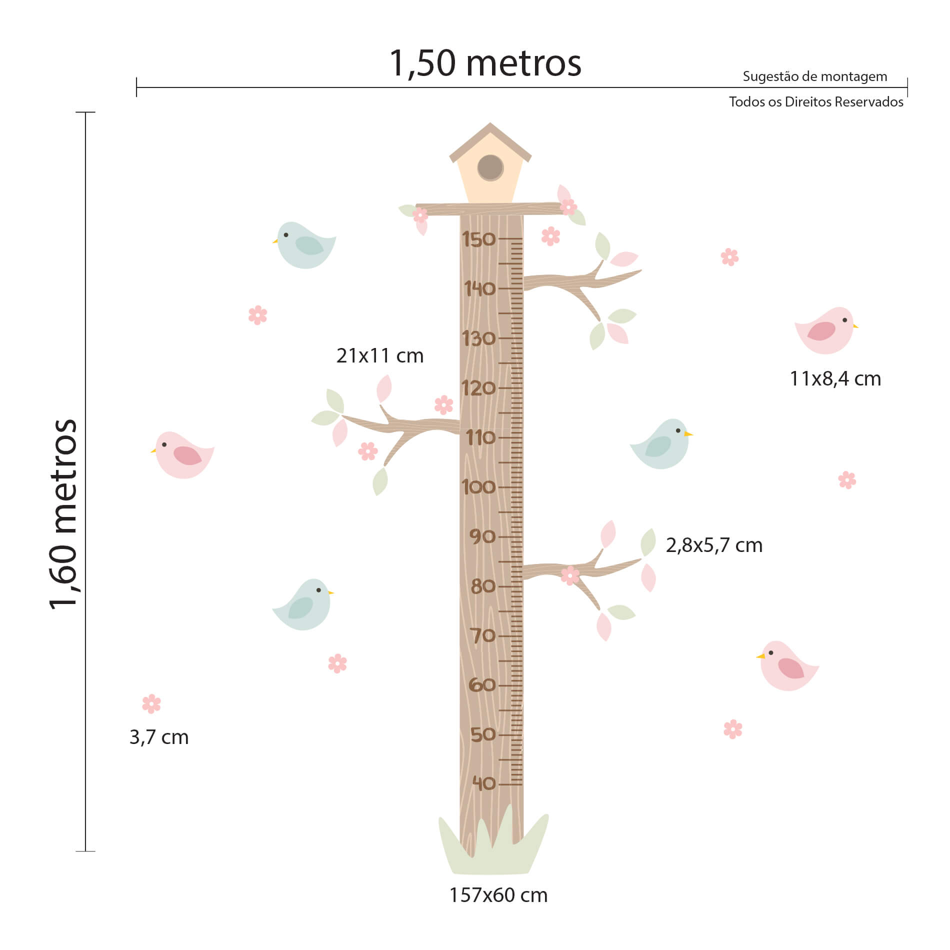 Imagem ilustrativa com dimensões do adesivo de parede infantil tipo régua medidora de altura com design de tronco de árvore, folhas verdes, flores rosas e passarinhos coloridos