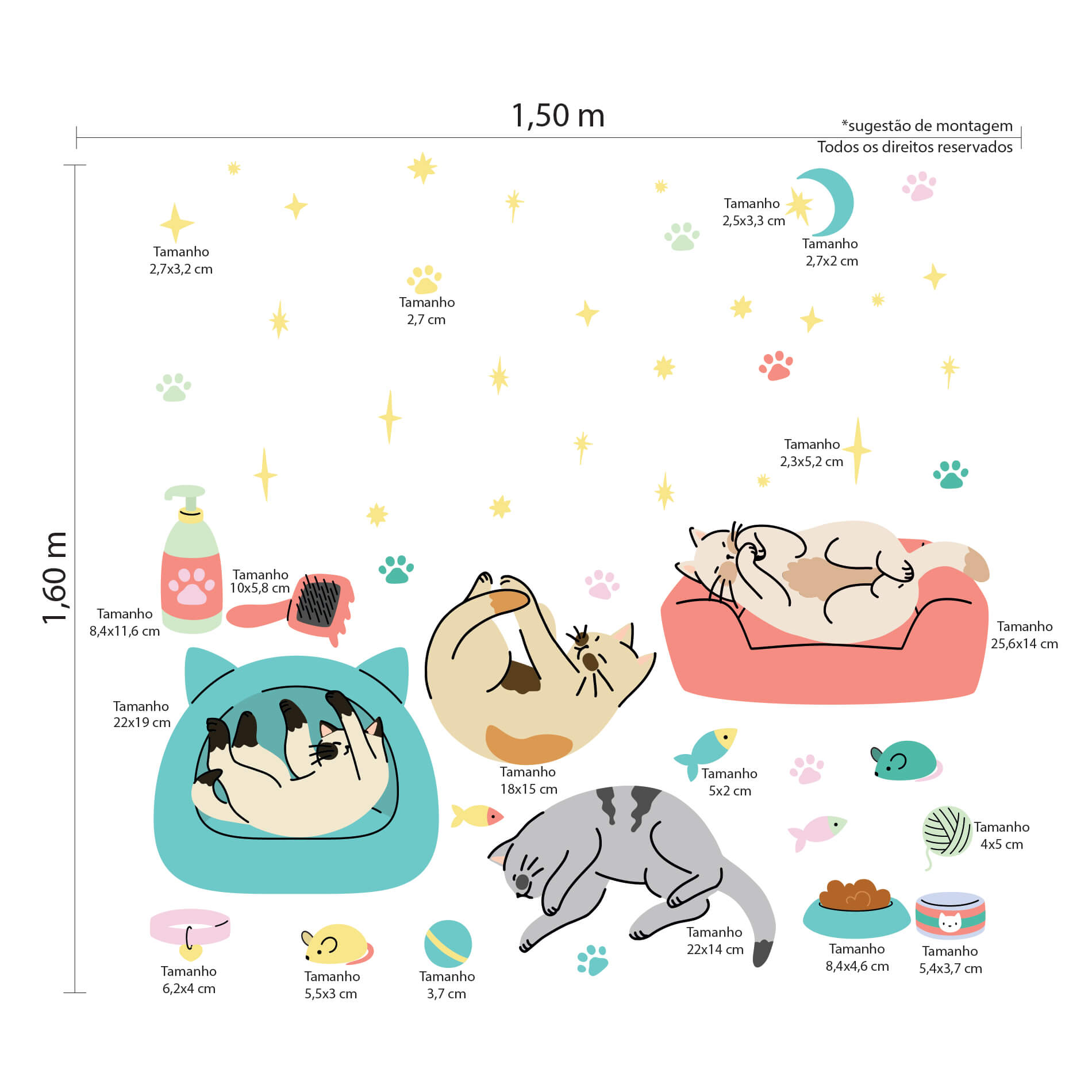 Imagem técnica do adesivo de parede infantil com dimensões e detalhes para aplicação
