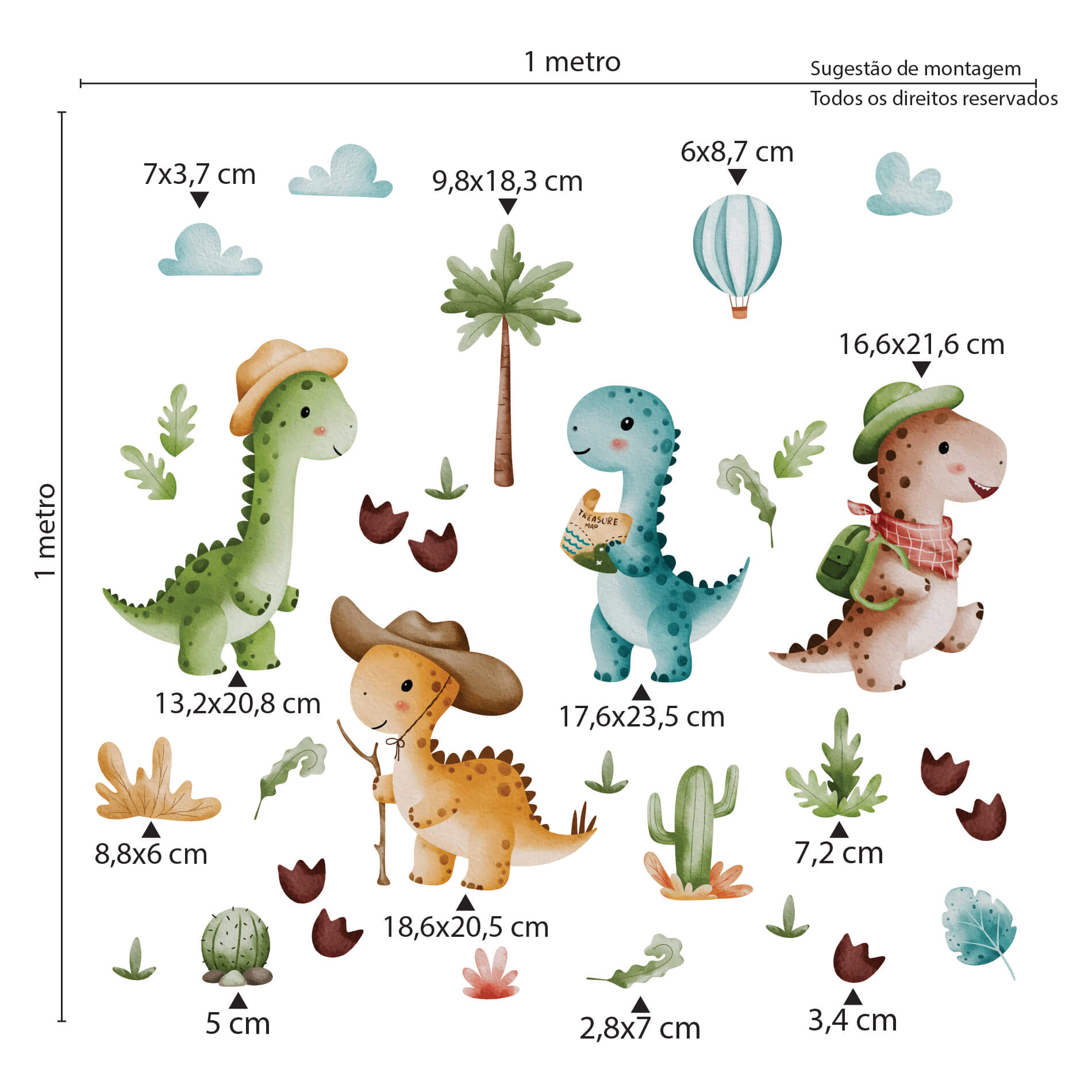 Imagem com medidas detalhadas dos adesivos Safari Dinossauros para aplicação precisa.