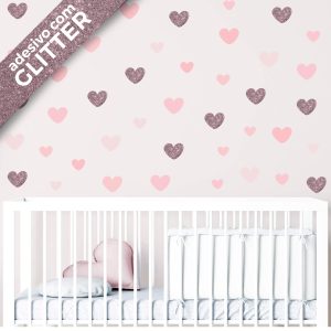 Adesivo de Parede Infantil Corações Tons de Rosa Glitter Rosê