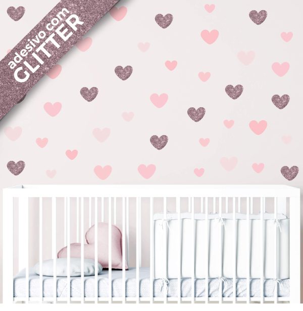 Adesivo de Parede Infantil Corações Tons de Rosa Glitter Rosê