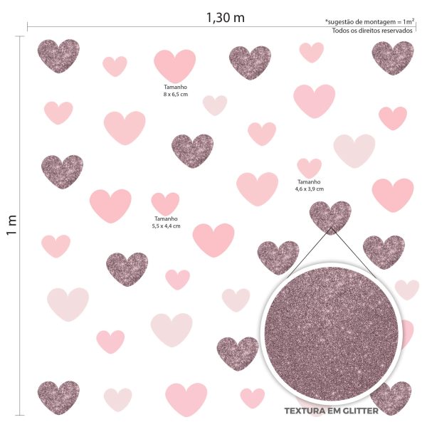 Adesivo de Parede Infantil Corações Tons de Rosa Glitter Rosê - Imagem 3