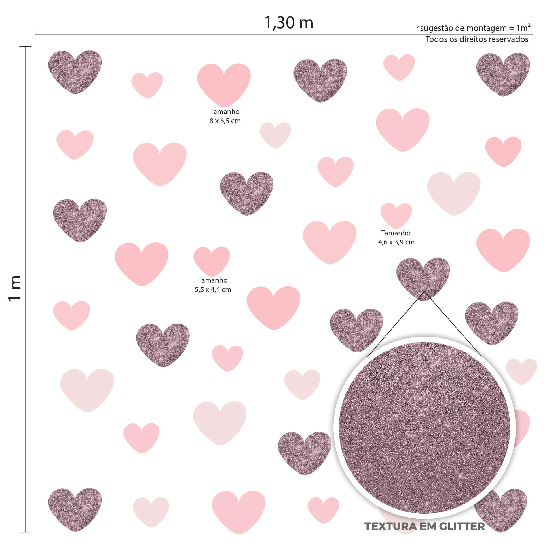 Detalhe das dimensões e textura do adesivo de parede infantil com corações em tons de rosa e glitter rosê.