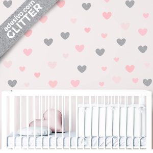 Adesivo de Parede Infantil Corações Tons de Rosa Glitter Prata