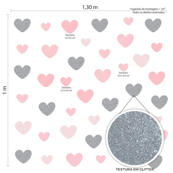 Adesivo de Parede Infantil Corações Tons de Rosa Glitter Prata - Imagem 2
