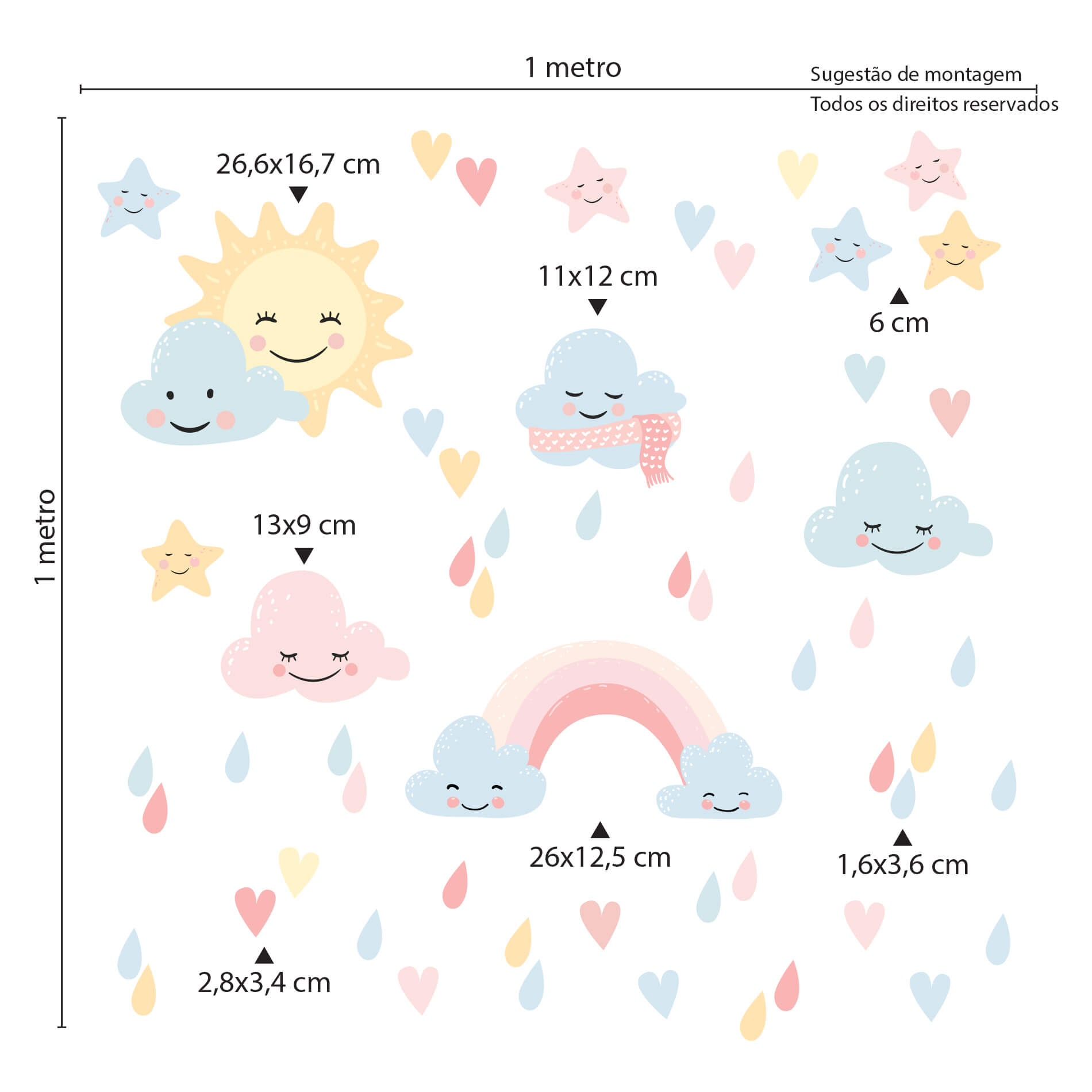 Imagem do adesivo Chuva de Amor com medidas detalhadas das peças, ideal para aplicação em quarto de bebê.