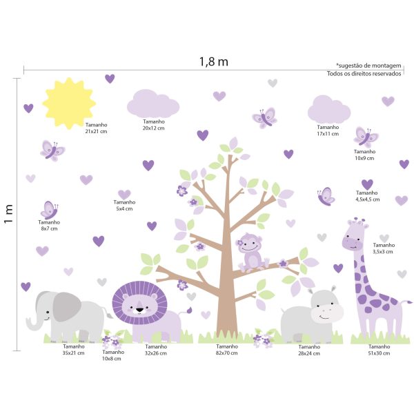 Adesivo de Parede Quarto de Meninas Safari Lilás Animais - Imagem 2