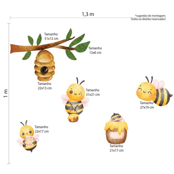 Adesivo de Parede Infantil Galhos e Abelhinhas Aquarela - Imagem 3
