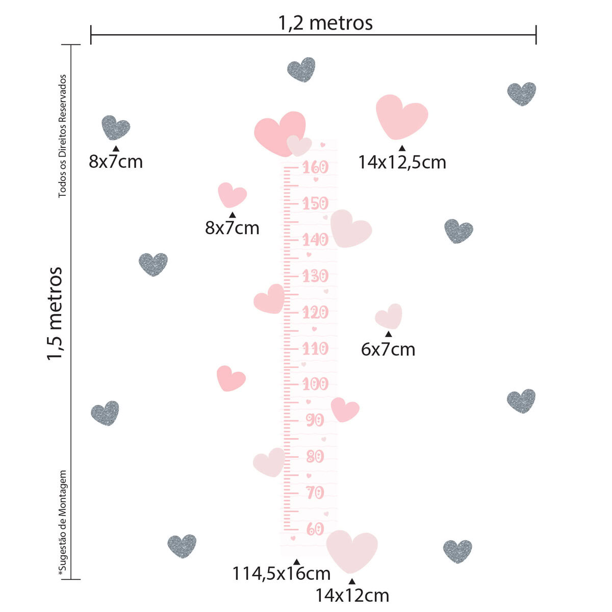Imagem técnica com dimensões do adesivo medidor de altura infantil em tons de rosa com corações em glitter prateado